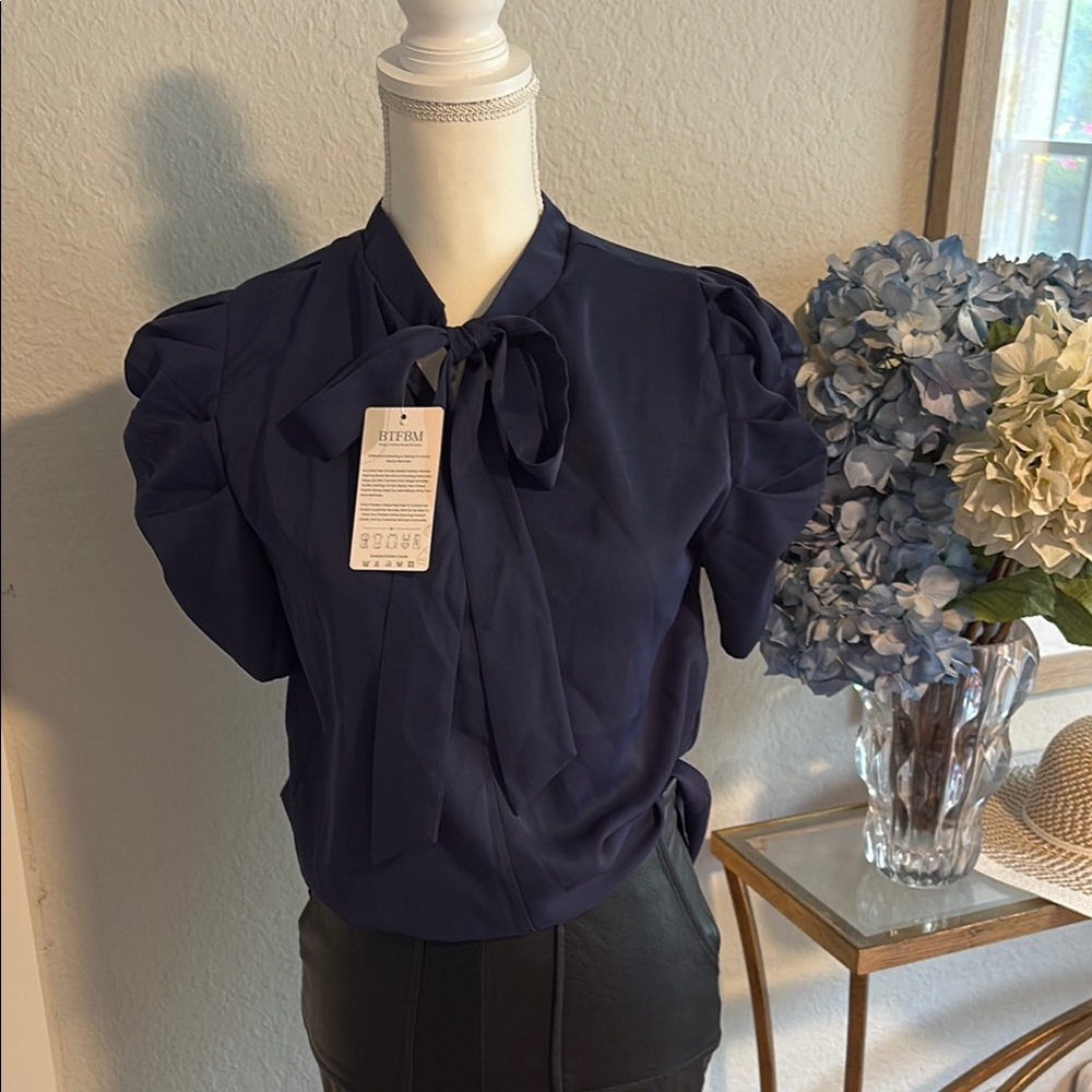 Eterna Blue Puff Sleeve Blouse with Tie Front